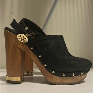 Tory Burch Black Leather Suede Clogs Sz 5 USA (35 EU) with Gold Accents